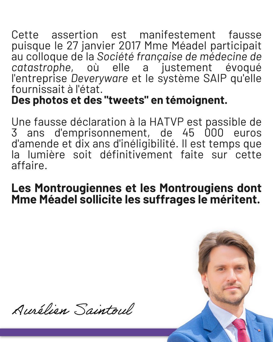A_Saintoul's tweet photo. J'ai saisi en 2025 le procureur au titre de l'article 40 concernant une fausse déclaration de Juliette Méadel à la HATVP.
J'apprends qu'une enquête a récemment été ouverte. Je m'en félicite. La démocratie vit de vérité. https://t.co/RwYHdQLUwM