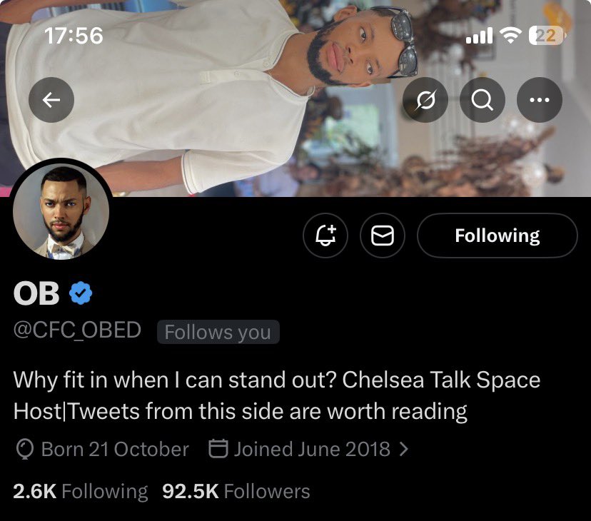 Jesus😭
I can’t believe my eyes.. did <a href="/CFC_OBED/">OB</a> just followed me 😭😭😭

I just start taking X seriously few months ago

And my Chelsea family has been connecting with me nonstop 

Thank you Egbon 🫶🏻💙