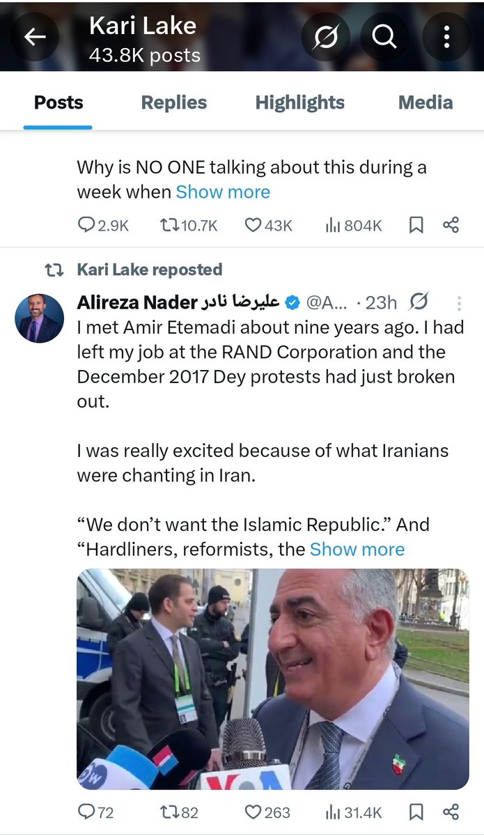 ببینید کری لیک مدیر آژانس رسانه های جهانی آمریکا چه پستی از علیرضا نادر رو ریتویت کرده!

آقای نادر دراین توییت میگه امیر اعتمادی اصلاح طلب سابق باعث شده یه فرقه معتقد به پادشاهی مطلقه دور رضا پهلوی جمع بشه و فعالان سیاسی مخصوصا زنان رو تخریب کردند و بدون برنامه مردمو به کشت دادن!