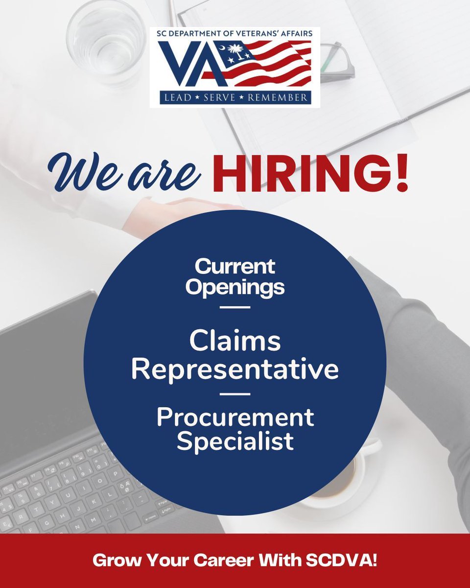 If you’re looking for a meaningful career with purpose, SCDVA has career opportunities available! Help us support the nearly 400,000 Veterans who call our state home! 🇺🇸 

🔗Click the link to learn more and apply today: buff.ly/vHBxjRM

#SCDVA #SCJobs #SCVeterans