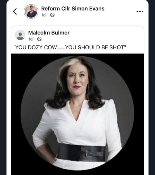 It appears Reform UK are trying to brush aside <a href="/WestLancsReform/">Cllr&Lancashire CC Deputy Leader Simon Evans</a> post inciting the murder of a sitting MP as an 'honest mistake'

If Simon Evans isn't prepared to take accountability and resign, then <a href="/reformparty_uk/">Reform UK</a> MUST expel him immediately!