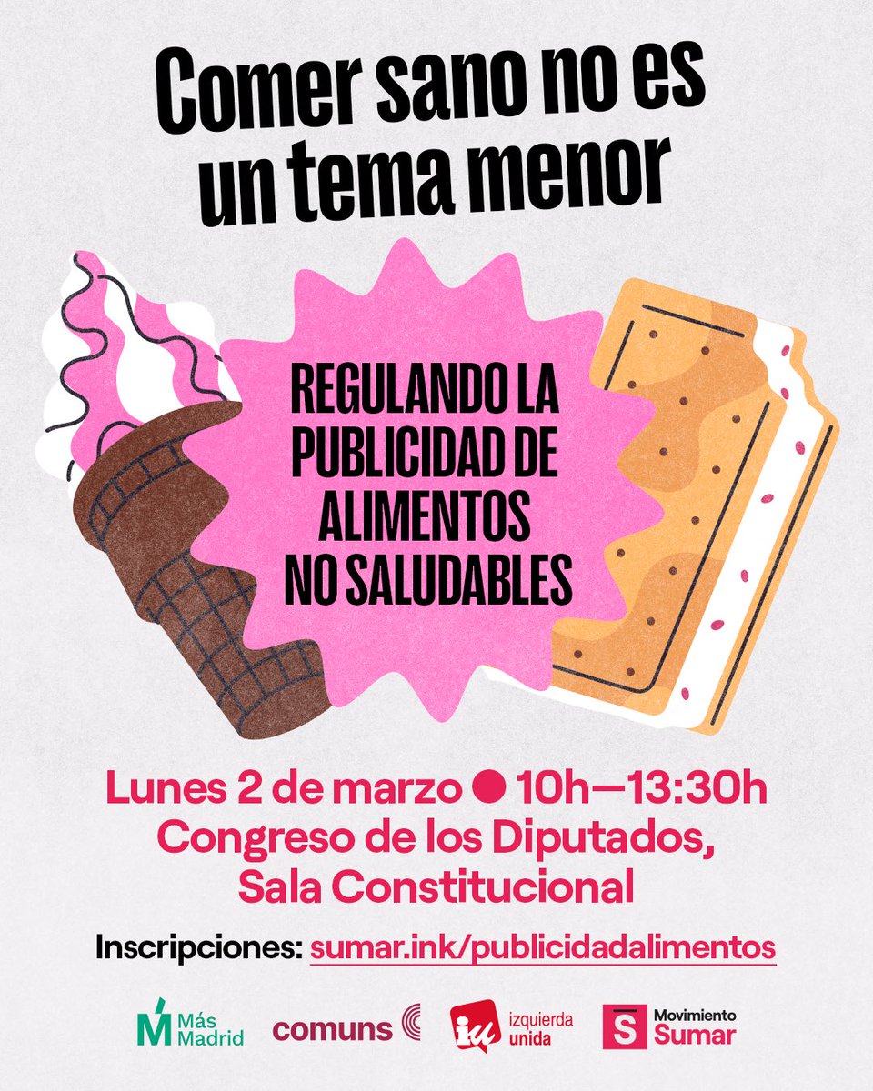 Os esperamos el próximo lunes en: "Comer sano no es un tema menor: regulando la publicidad de alimentos no saludables". 

📅 2 de marzo de 2026
🕘 10:00 – 13:30
📍 Sala Constitucional – Congreso

📣 Inscríbete en link: docs.google.com/forms/d/e/1FAI…