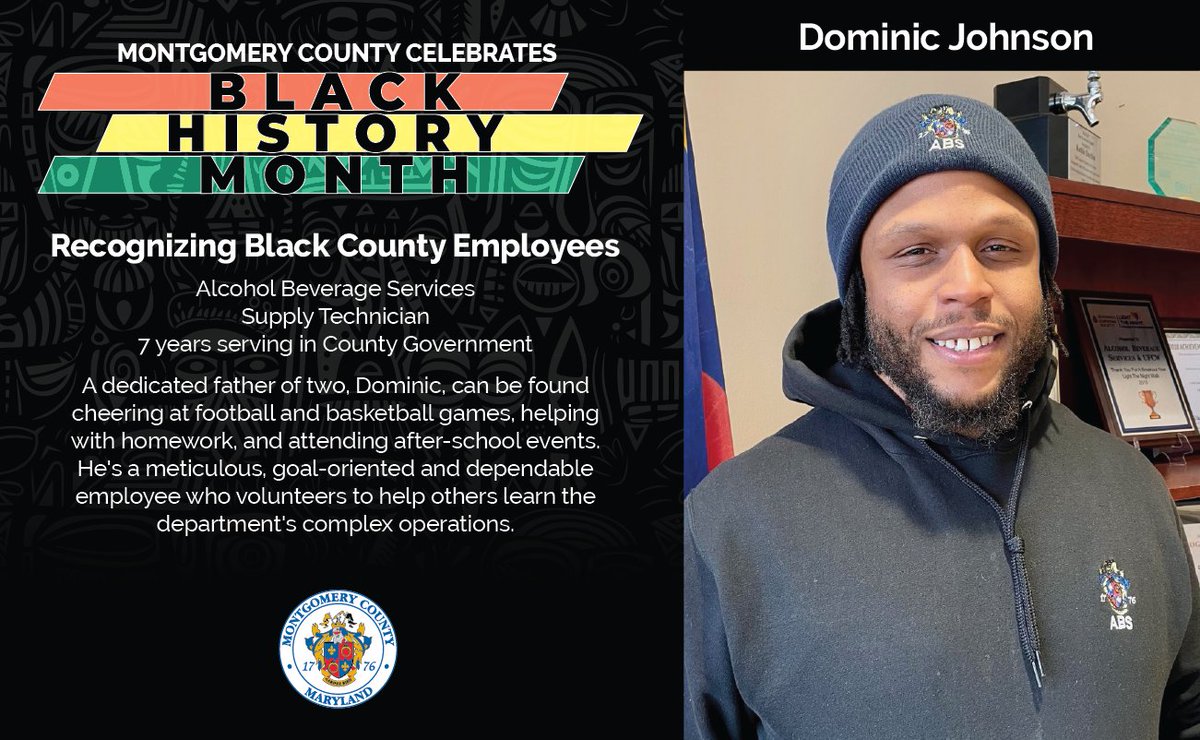 MontgomeryCoMD's tweet photo. Managing alcohol for all of Montgomery County is hard. Thankfully, we have people like Dominic Johnson on our team who not only does his job wonderfully, but also volunteers to take on more responsibility to help his coworkers. Thank you, Dominic. #BlackHistoryMonth
@ABSMoco https://t.co/CSaAtLos2X