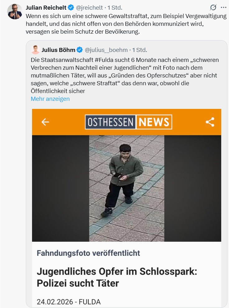 Wenn das minderjährige Opfer(!) einer Straftat aus sehr persönlichen Gründen nicht möchte, dass der konkrete Straftatbestand öffentlich bekannt gemacht wird, respektiert das eine Staatsanwaltschaft selbstverständlich.

Nicht aber #Reichelt|s Schmutztruppe #NiUS 👇