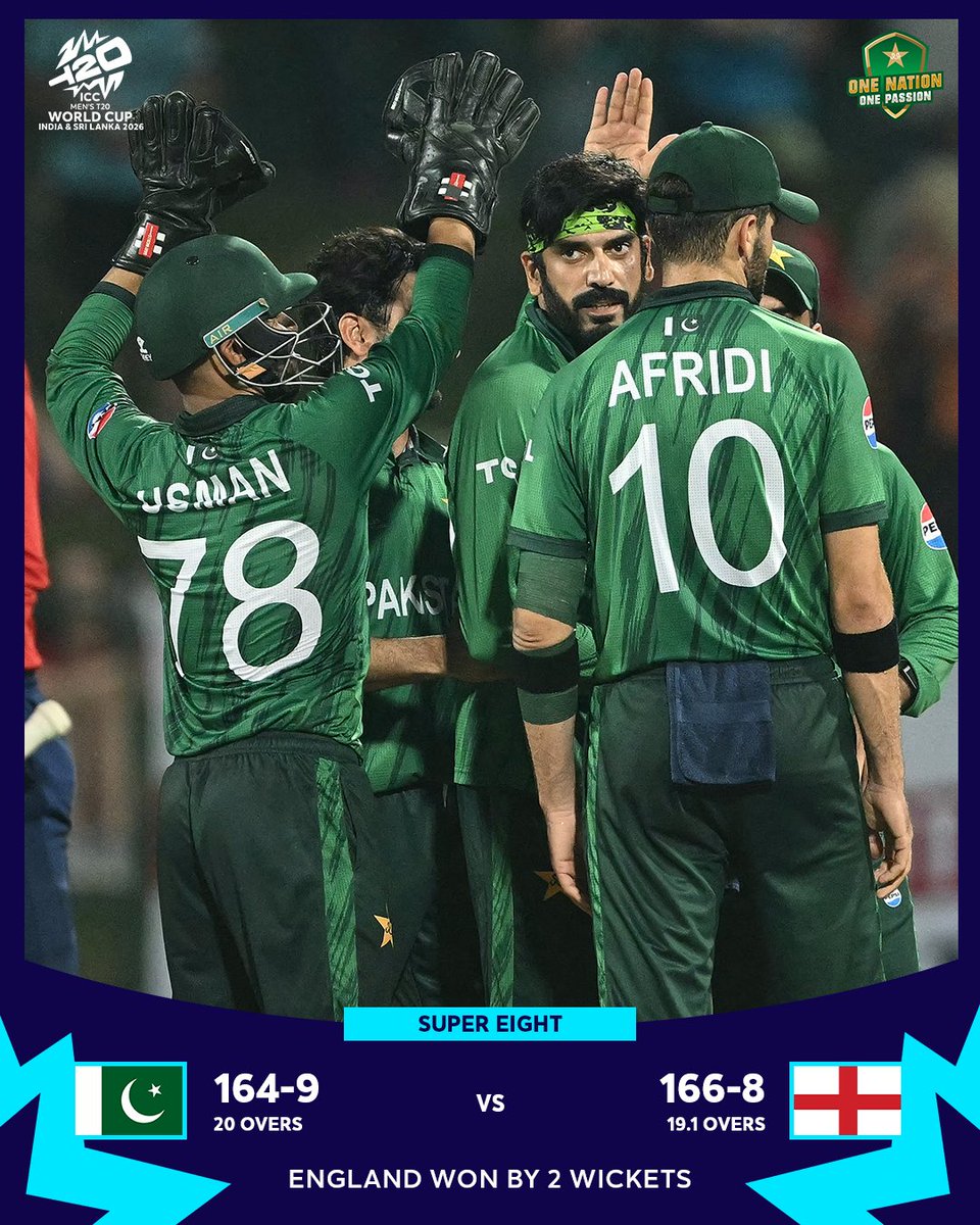 England win the Super Eight game by two wickets.

#PAKvENG | #T20WorldCup | #BackTheBoysInGreen