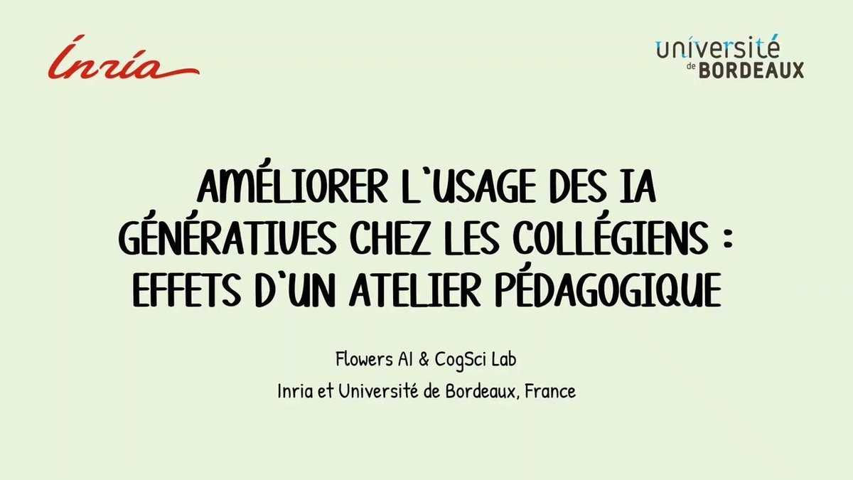 🧠 Former à l’IA, ça marche.
Une étude montre qu’une formation de 2h suffit pour :
✔️ mieux repérer les faiblesses d'un prompt
✔️ mieux évaluer les réponses de l'IA
🎓 Des résultats qui plaident pour une vraie formation à l’IA à l’école.
▶️ youtube.com/watch?v=jhuiRy…