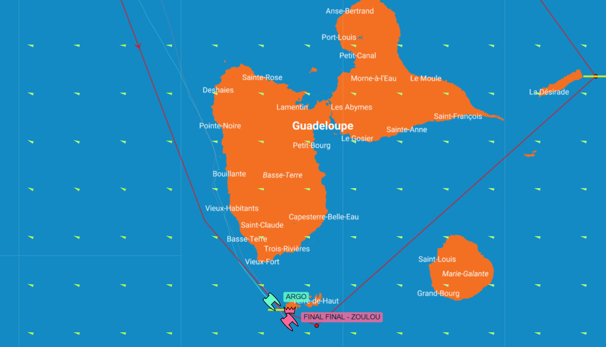 UltimBoat's tweet image. #Ultime #MOD70 #RORCCaribbean600 
Chgt de leader sur la C 600, le dévent de la Soufrière a joué des tours au leader Argo. Zoulou en s'éloignant de la côte a retrouvé du vent plus rapidement . Au passage des Saintes, Zoulou possède 3 mn d'avance sur Argo. Reste 200 mn