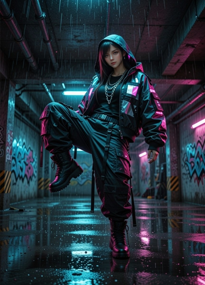 TifaDreamsAI's tweet photo. Leaning into the downpour — black cargo pants, reflective jacket, pink neon glow on point ✨ https://t.co/QzdDl8Y6lu