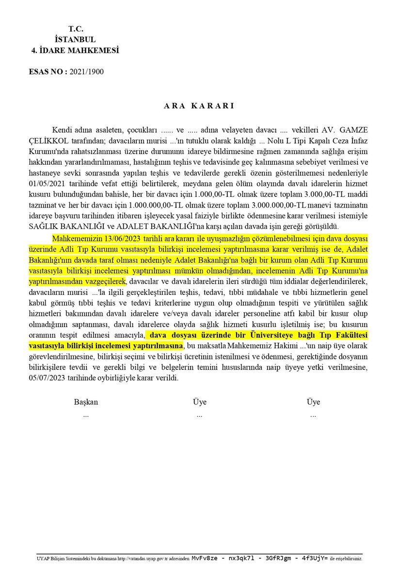 ihtisashukuk's tweet photo. Adalet Bakanlığı'nın davada taraf olması nedeniyle Adalet Bakanlığı'na bağlı bir kurum olan Adli Tıp Kurumu vasıtasıyla bilirkişi incelemesi yaptırılması mümkün olmadığından,  bilirkişi incelemesinin Adli Tıp Kurumu'na yaptırılmasından vazgeçilerek bir üniversiteye bağlı Tıp Fakültesi vasıtasıyla yaptırılmasına ..

İstanbul 4. İdare Mahkemesi, 5/7/2023, 2021/1900 Esas