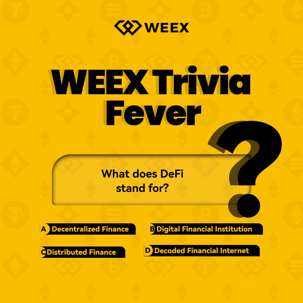 🚀WEEX Trivia Fever DAY 14

Answer daily crypto questions and stand a chance to win from the $500 prize pool 

To get started:
✅ Follow <a href="/WEEX_Africa/">WEEX Africa</a> &amp; turn on post notifications
🔁 Retweet this post
✅Tag 3 friends who are not following <a href="/WEEX_Africa/">WEEX Africa</a>
✅Drop your answer + UID