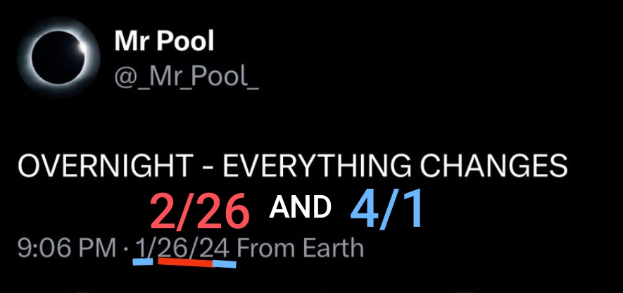 1/26 could be 2/26.
OVERNIGHT - EVERYTHING CHANGES by #MrPool has 2/26 and 4/1 encoded in the date.
Is "Overnight" the period from 2/27 to 4/1 2026? The period of 33 days. Signed by yours truly😆 #DarkBrotherhood

#XRP #Ikaustat