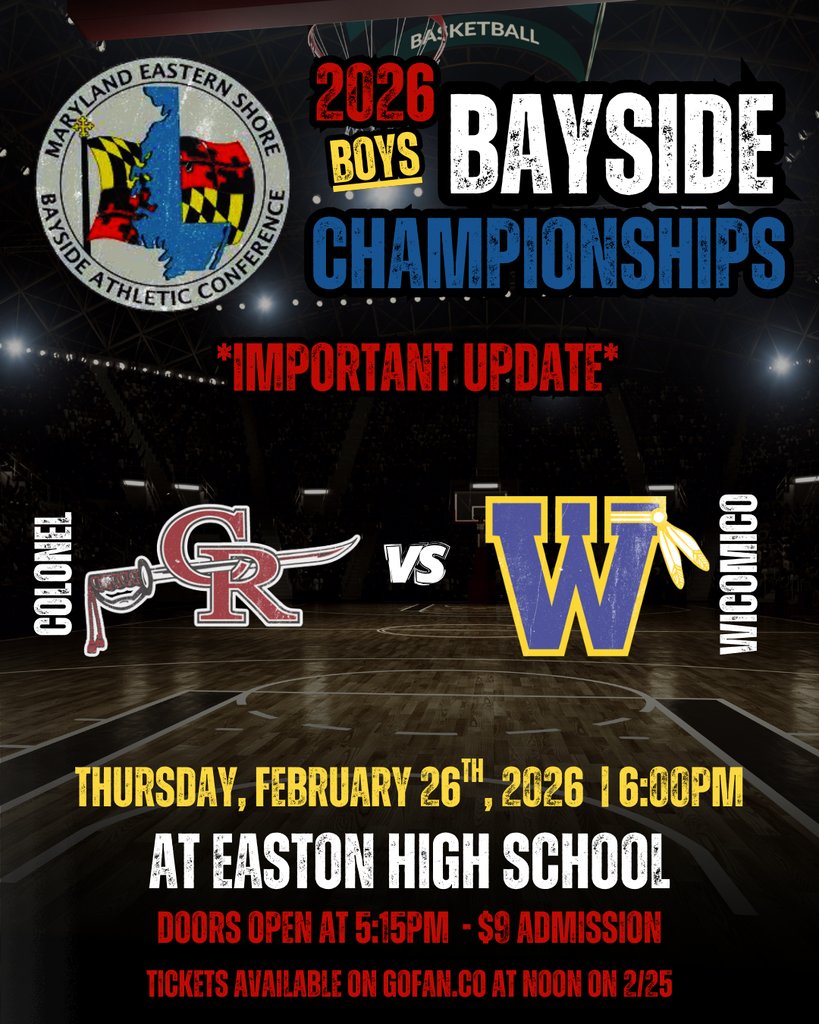 🚨UPDATE: NEW DATE &amp; LOCATION🚨
Bayside Basketball Championship moved to Thu, Feb 26th.

BOYS: Wi-Hi vs Col. Richardson @ Easton H.S.
6 PM | Doors open 5:15 PM

*Civic Center tickets refunded. New tickets on sale Wed, Feb 25 at noon.

**Games may sell out—buy the correct ticket.