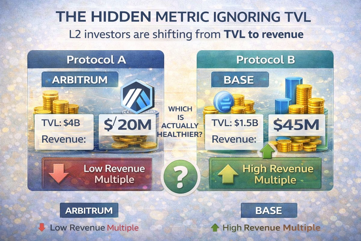 web_scavengr's tweet photo. The Hidden Metric Most Crypto Investors Ignore

When analyzing Layer-2 networks, most investors focus on flashy numbers:

• Total Value Locked
• Token price
• Market cap
• social media hype

But these metrics often hide the real story.

A much more important metric is revenue generation.

Think about how traditional businesses are evaluated.

Investors ask questions like:

How much money does the company make?
Is revenue growing?
Is the business sustainable?

Crypto is slowly moving toward the same analytical framework.

Let’s use Layer-2 networks as an example.

A chain might boast billions in TVL, but if users are not actively transacting, that liquidity does not necessarily translate into economic activity.

Another network might have lower TVL but generate far more fees because people actually use it daily.

This is why analysts are beginning to track Market Cap to Revenue ratios.

If a protocol generates large revenue relative to its valuation, it might be undervalued.

If a protocol has a huge valuation but little revenue, it may be driven purely by speculation.

In the case of Arbitrum, the network consistently ranks among the most active Layer-2 ecosystems.

Transactions, DeFi activity, and liquidity movement all contribute to fee generation.

But the debate continues.

Should crypto investors begin valuing networks the same way they value technology companies?

Or is crypto fundamentally different?

Because if traditional valuation models eventually dominate the space, some of today’s most overlooked tokens might become tomorrow’s biggest winners.

And many investors are positioning themselves before that shift happens.

#DipAndEarnUp555%APR #WednesdayAirdrop #TradeGoldandSilver #ByXLeaderboard #FarmMNTonAlpha 

$ARBUSDC