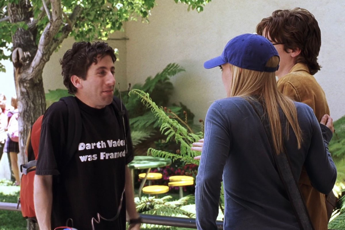 "Darth Vader was framed."

It's a shirt worn by Simon Helberg in the 2004 Hilary Duff movie, A Cinderella Story, which I saw recently.

What the hell did it mean? Who framed him, exactly? Especially in a pre-Revenge of the Sith world. It made no sense.

So, I investigated. (1/2)