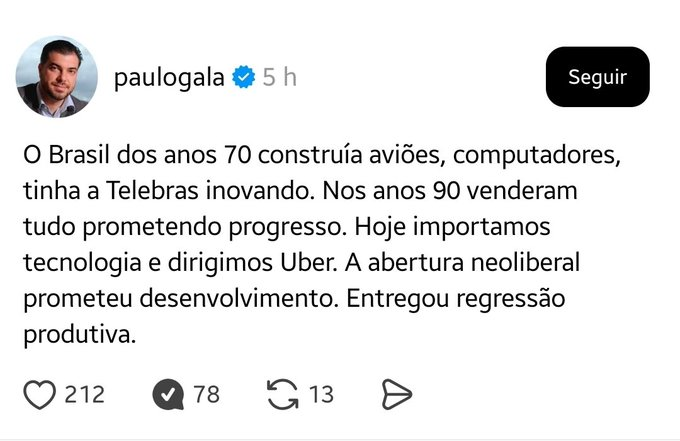 é uma fala muito desavergonhada... 

a Embraer é a ÚNICA exceção à regra

de resto, temos usinas nucleares que só comeram dinheiro, atraso em mais de uma década na informatização, e na telefonia, no final dos anos 80, vendendo 3 linhas telefônicas valiam um carro usado