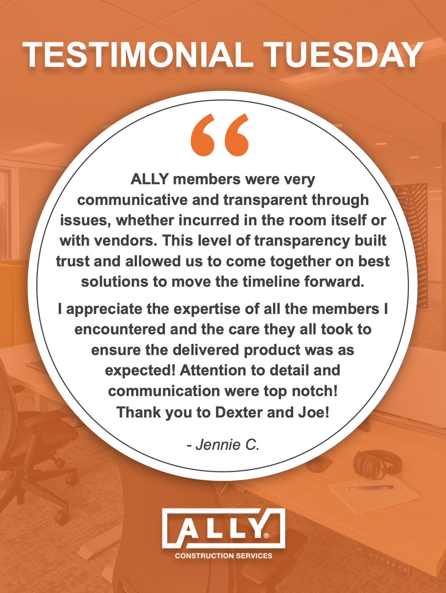 ALLYconstructs's tweet photo. Happy Testimonial Tuesday! We’re proud of the way our team shows up; communicating clearly, tackling challenges, &amp; staying focused on delivering exactly what our clients expect. Huge shoutout to Dexter and Joe for exemplifying that commitment &amp; making a real impact on our client. https://t.co/kcJui2lhcL