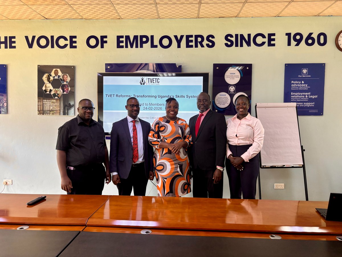 TVET Council engaged the <a href="/FUEmployersUg/">FUE</a> on establishment of sector skills Committees to strengthen industry led skills development in Uganda. Employers participation is key in ensuring training meets labour market needs and drives productivity.<a href="/ED_TvetC/">ED, TVET Council</a>    <a href="/ChairTvetC/">Chairperson, TVET Council</a>