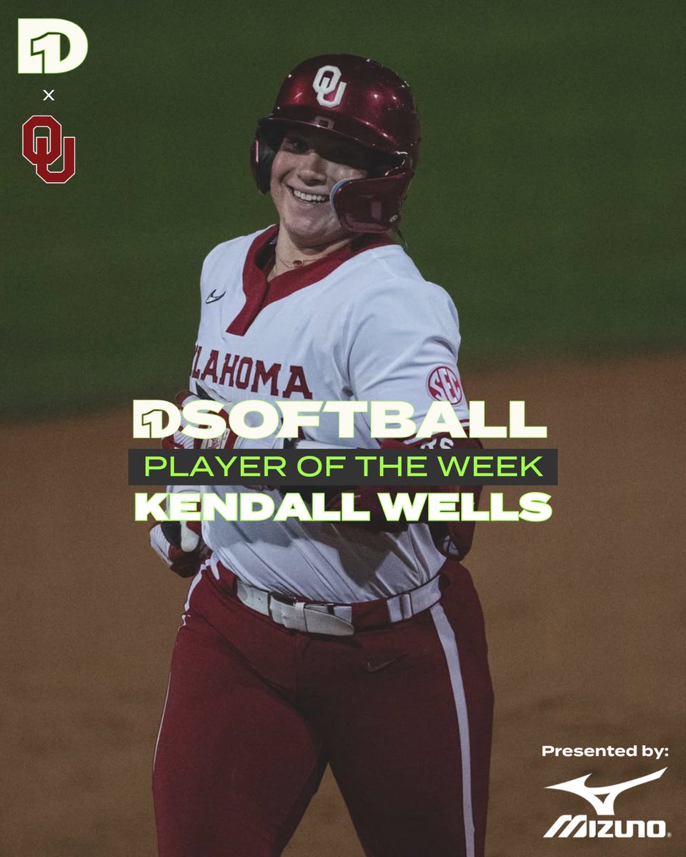D1Softball's tweet photo. Player of the Week: Kendall Wells, Oklahoma

Kendall Wells hit six home runs with 13 RBIs and a .429 average in Week 3, moving to the top of the SEC home run leaderboard.

Presented by @MizunoSportsUSA
🔗 https://t.co/5R4nT8hfvB https://t.co/SHfi3InnPy