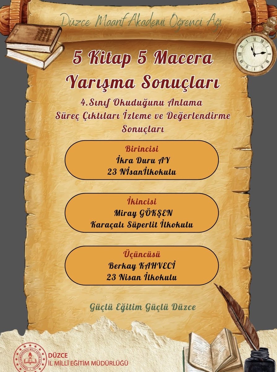 📚 “5 Kitap 5 Macera” Projesinde Gurur Tablosu! ✨
✅ “5 Kitap 5 Macera” Projesi kapsamında düzenlenen yarışmada,Karaçalı Süperlit İlkokulu öğrencimiz Miray Gökşen büyük bir başarıya imza atarak ikinci olmuştur. 🌟 <a href="/tcmeb/">Millî Eğitim Bakanlığı</a> <a href="/KaynasliKymkm/">Kaynaşlı Kaymakamlığı</a> <a href="/duzce_mem/">Düzce İl Milli Eğitim Müdürlüğü</a> <a href="/gulsenozer9/">Gülşen ÖZER</a> <a href="/yurttas78/">Abdurrahman Yurttaş</a>