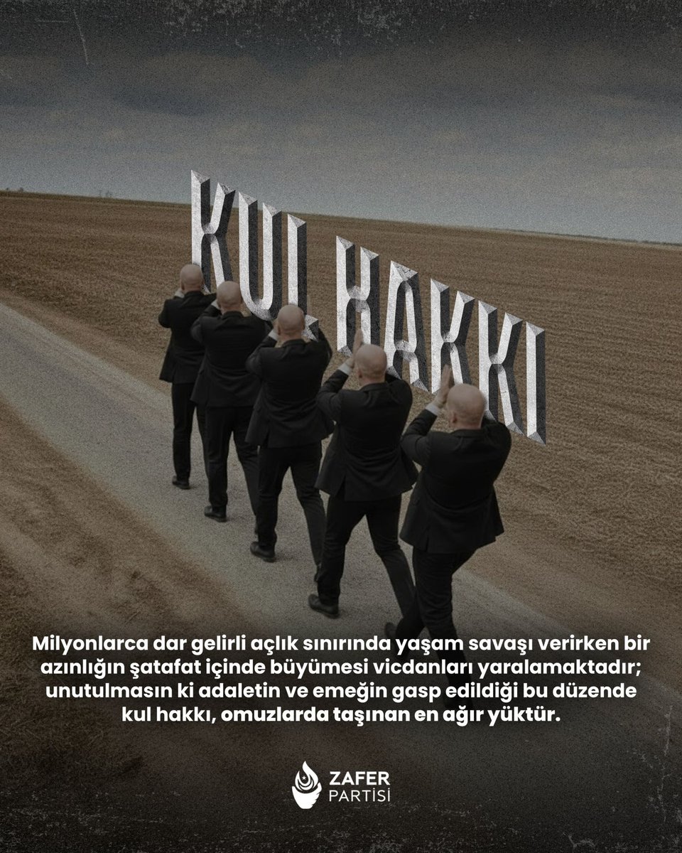 zaferpartihty's tweet photo. Bir emeklinin eksik maaşı,
bir gencin çalınan fırsatı,
bir çiftçinin değersizleştirilen ürünü…
Bunların her biri kul hakkıdır.
Biz; hak edenin hakkını aldığı,
milletin parasının yine millete harcandığı
adil bir düzen için yola çıktık.
Hiç kimsenin hakkını yemeden,
hiç kimseye hakkını yedirmeden…
#KulHakkı