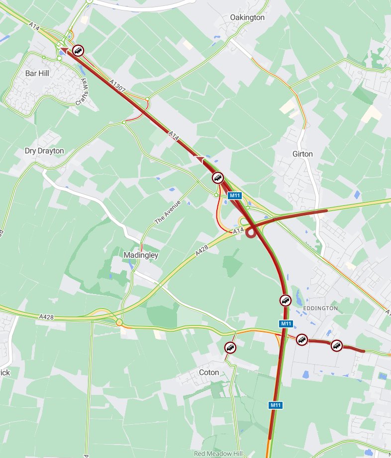 Cambs_Traffic's tweet photo. ⚠️#A14 approaching J25 #BarHill; DELAYS due to an obstruction.

Please approach with care and allow extra time for your journey. https://t.co/aiZHG2vudH