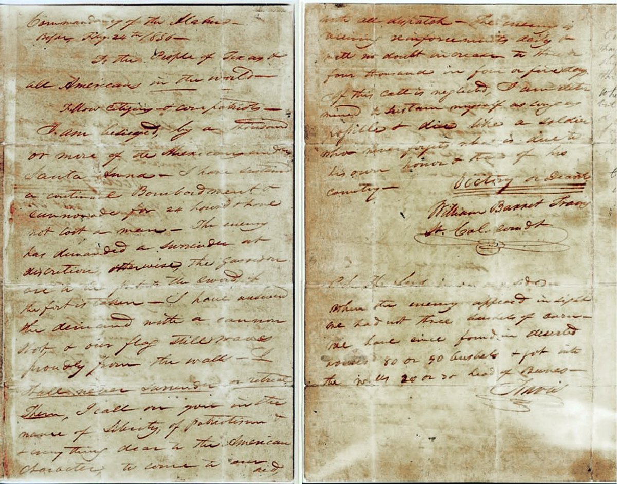 The NOT Arcane Texas Fact of the Day:

It is February 24th. 190 years ago today, William Travis wrote the most famous document in the annals of Texas history.  Remarkably, given the conditions under which it was written and sent out from the Alamo, Travis' letter still exists.
