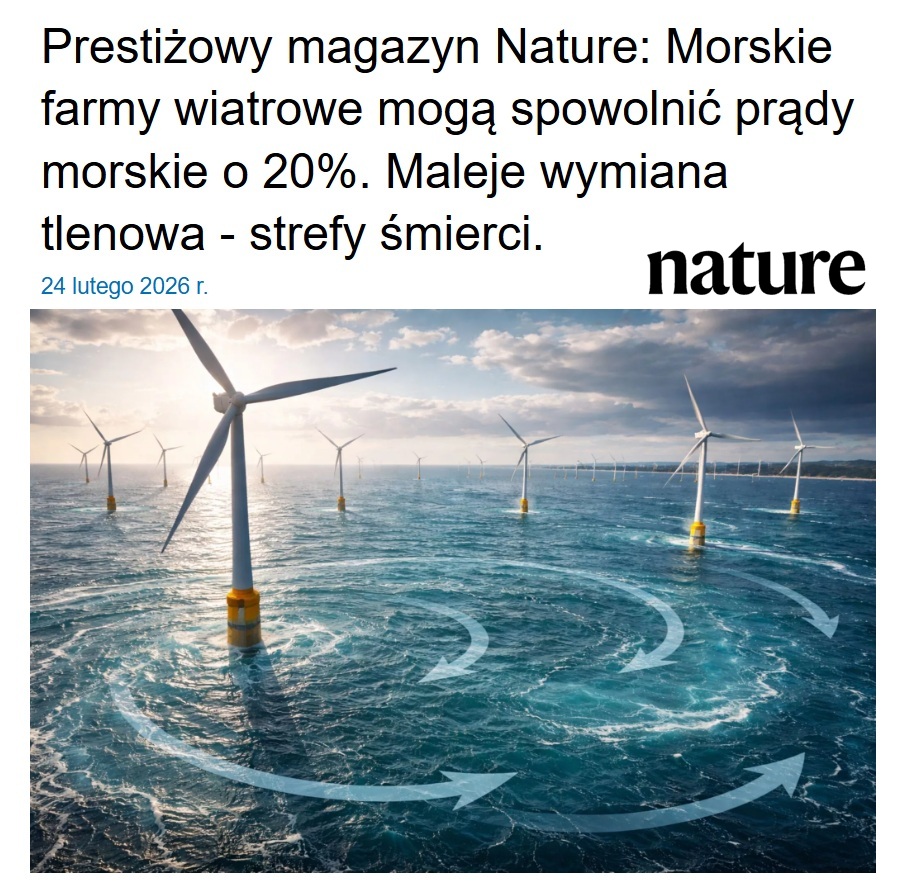 Prestiżowy Nature i niemieccy 🇩🇪 naukowcy :
1⃣ Wirniki wiatraków i fundamenty jednocześnie wpływają na siłę, pole wiatru i prądy pływowe
2⃣ Wirniki pochłaniają siłę wiatru, to zatrzymuje wymianę tlenu przez fale morskie. Tworzą się strefy z mniejszą ilością tlenu, a finalnie
