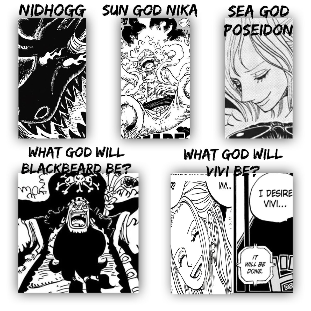 [#ONEPIECE1175]

Remember we saw Imu with the  posters of Shirahoshi,Blackbeard, Luffy &amp; Vivi.

Now we got Nidhogg, Imu knows &amp; possible that nidhogg, might be a god down the line. Could be similar to when Luffy was revealed to have sun god fruit.

 But we now need to know what