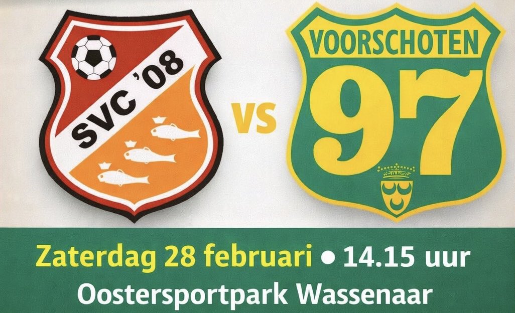 Zaterdag gaat Voorschoten97 naar Wassenaar voor de streek derby bij koploper SVC’08…

Aftrap: 14.15 (!) uur 🔰🔰