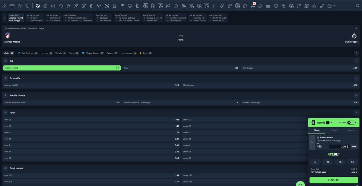 Okay, today is Tuesday, which means it's time for the UEFA Champions League ⚽️

For me, the main match is Atletico vs Bruge. In the first match, the score was 3:3, and Atletico looked good.

I think it's an easy win for Atletico, with <a href="/acebet/">AceBet</a> giving odds of 1.43 for a win.

What