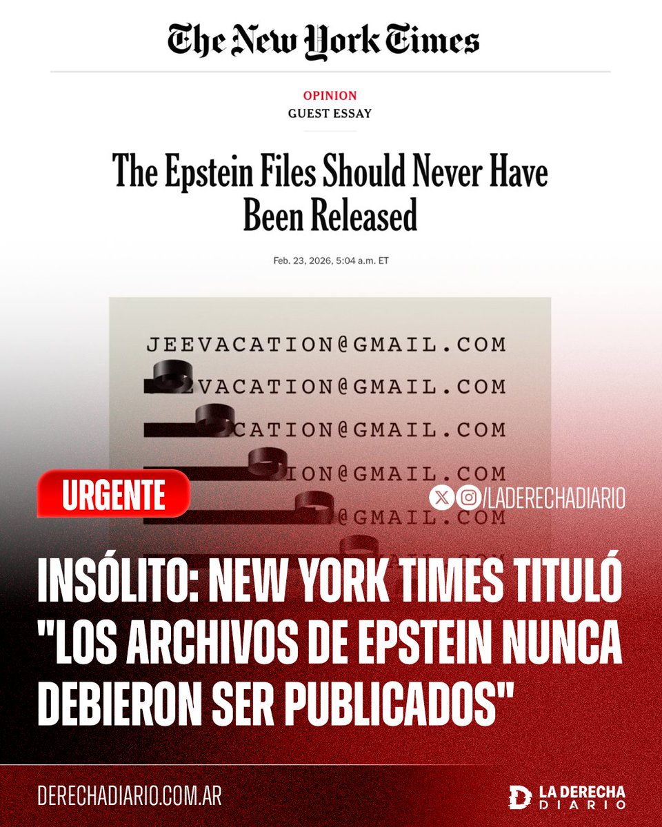 🚨🇺🇸 | #URGENTE INSÓLITO: Tras exigir por meses que se desclasifiquen los archivos de Jeffrey Epstein, ahora el New York Times tituló en su tapa "los archivos de Epstein nunca debieron ser publicados", luego de que se confirmara que Trump aparece no vinculado a ningún crimen.