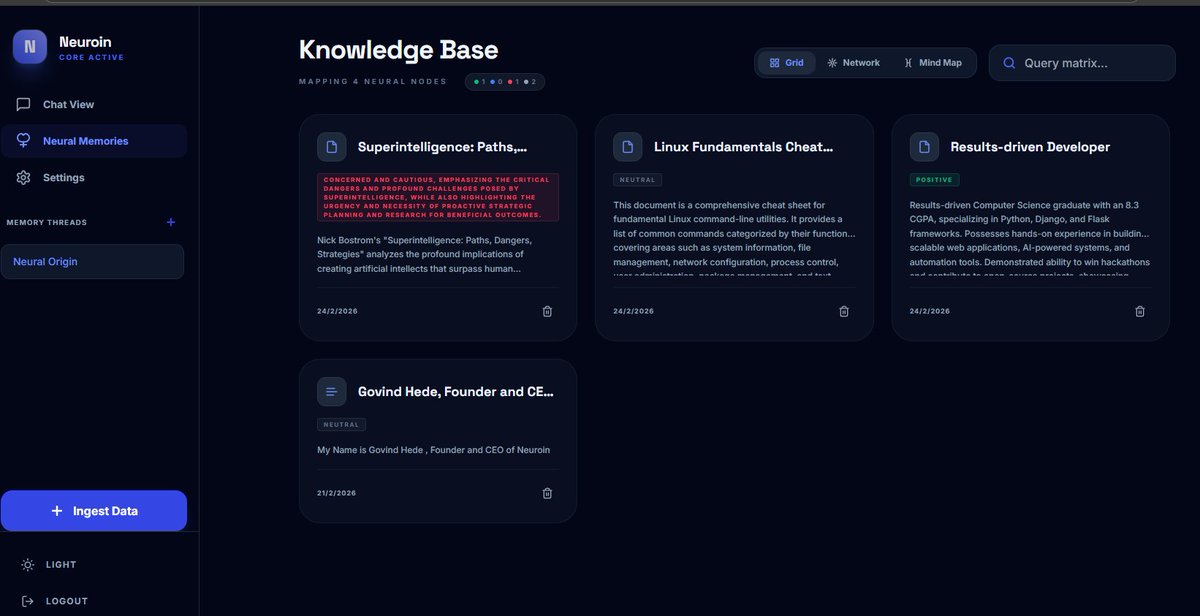 GovindHede's tweet photo. Building a personal AI memory — save thoughts, links, PDFs, and ask questions later. AI answers only from your memory, not the internet. Your second brain, but private 🧠📷 #BuildInPublic #ai #softwareengineer  
want your Feedback
Try for free ➡️ https://t.co/i9UKrEhnqP https://t.co/rbO2OoXB4c