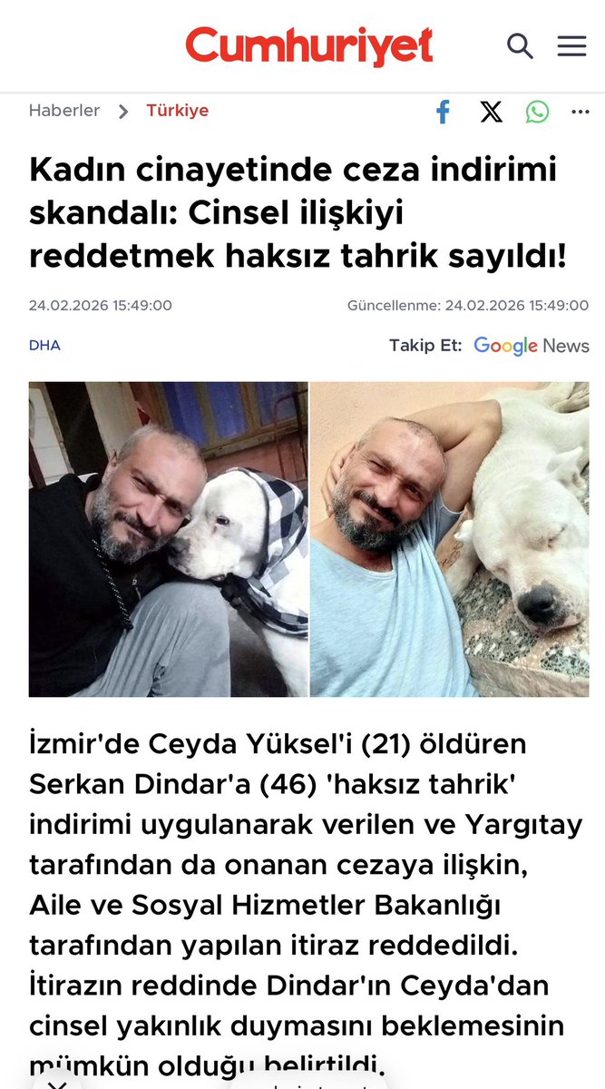 Sonra kadın cinayetleri neden artıyor diyorlar
Bakanlığın itirazı bile işe yaramadı

Cinsel ilişkiyi reddetmek haksız tahrik sayıldı!