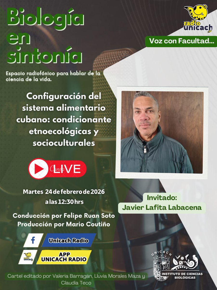 #VCF #ICBIOL #InstitutodeCienciasBiológicas.
Conduce: Felipe Ruan Soto.
Invitado: Javier Lafita Labacena
Tema: Configuración del sistema alimentario cubana: condicionante etnoecológicas y socioculturales.