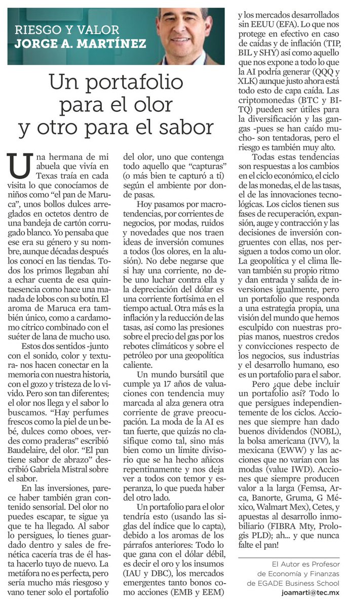 Les comparto mi artículo "Un portafolio para el olor y otro para el sabor" publicado en el periódico Reforma el 24 de Febrero de 2026. Donde hablamos sobre las decisiones de #portafolio y los #riesgos geopolíticos.