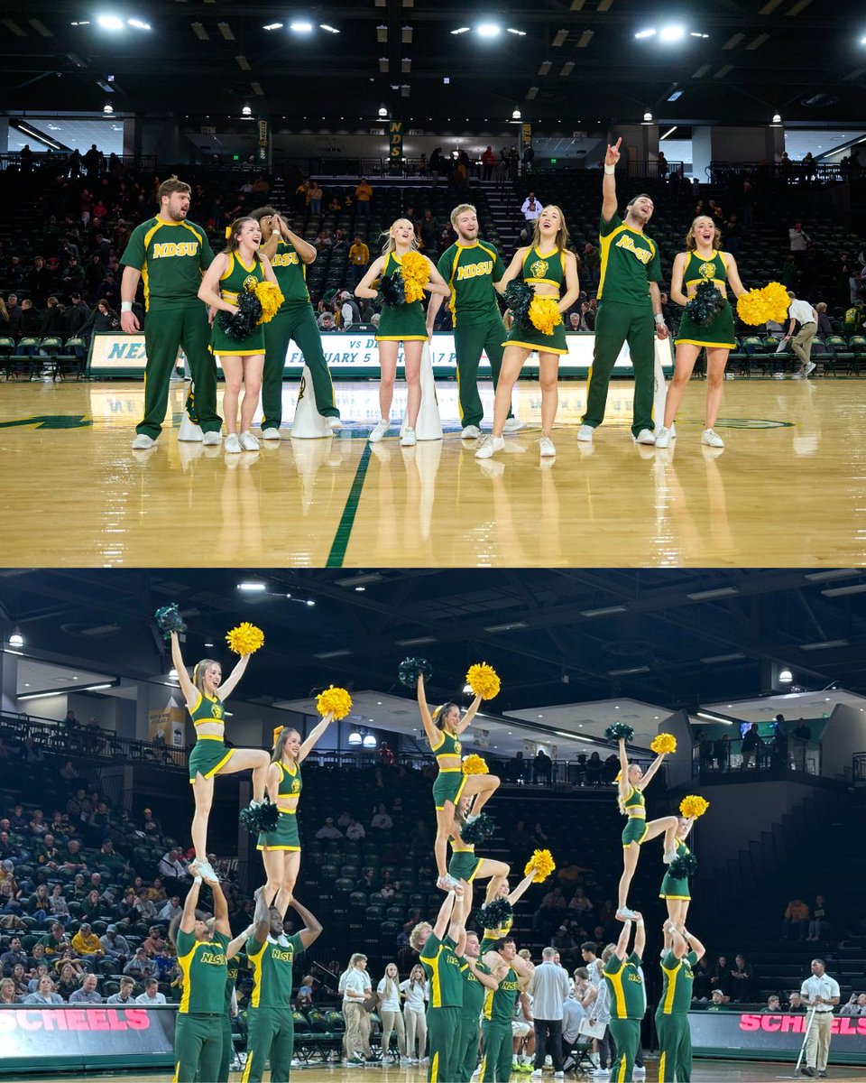 NDSUcheer's tweet photo. All season long, we’ve had the best view! 💛 Cheering on our Summit League Regular Season Champions has been an honor! Don't miss us this Saturday for our last home game this season! #NDSUCheerTeam #NDSUCheer #GoBison https://t.co/w6Xlkq7S1o