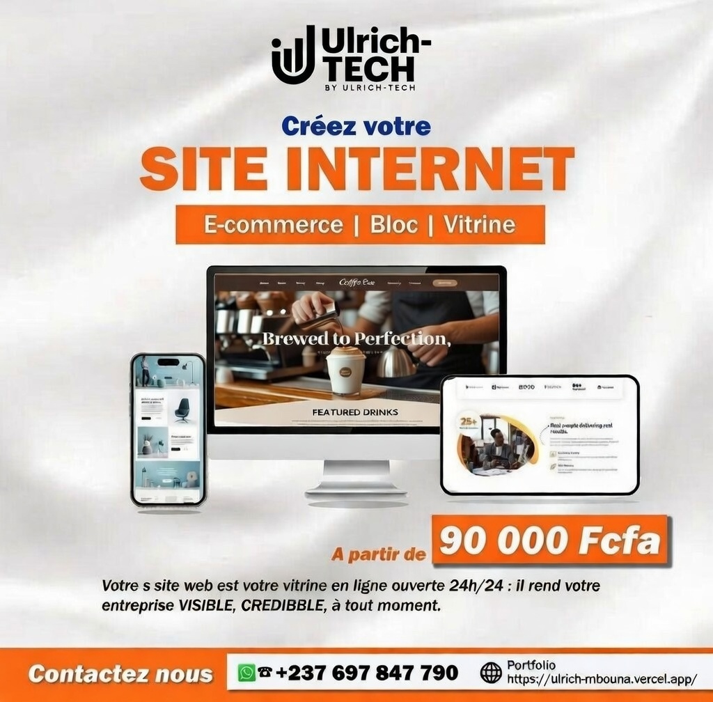 ulrich__237's tweet photo. 👋 Bienvenue ! Prêt à propulser votre projet ? 

Offrez-vous un Site Web Professionnel (Vitrine ou E-commerce) pour booster votre crédibilité !
💰 Prix : 90000XAF
🌍 Disponibilité : Votre business ouvert 24h/24 !
📈 Portfolio : https://t.co/sd0heMqICV
👉 https://t.co/EdWoBRBivT https://t.co/Fw7fprQSp4