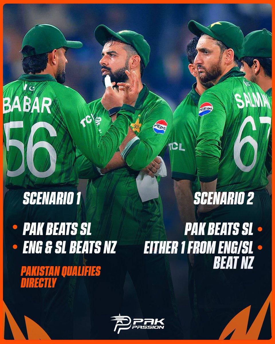 PakPassion's tweet photo. In scenario 2, it will come down to NRR between Pakistan &amp; New Zealand.

No need to take out the calculators, it's pretty simple, isn't it❓😃

Here's how Pakistan can qualify for the semi-finals.⤵️ https://t.co/WY7Z7IQ32t