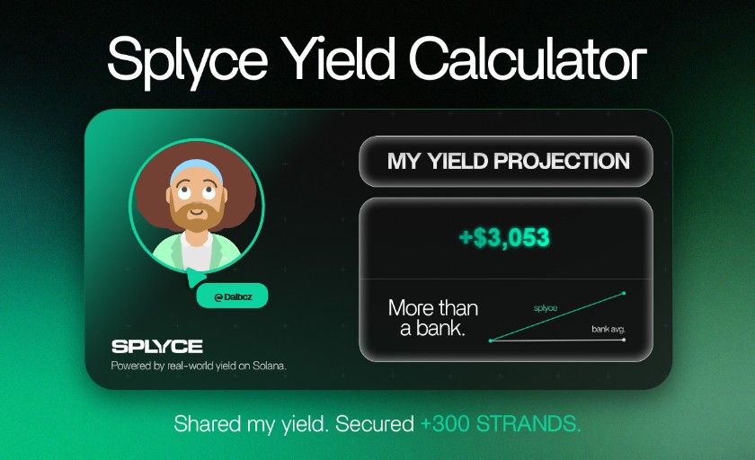 Daibcz's tweet photo. Just tested the real-world yield calculator from @SplyceFi.

My numbers came out +2,928.23% higher than leaving it in a bank.

Check yours: https://t.co/bfjz8gkewd https://t.co/JDJHLxPs19