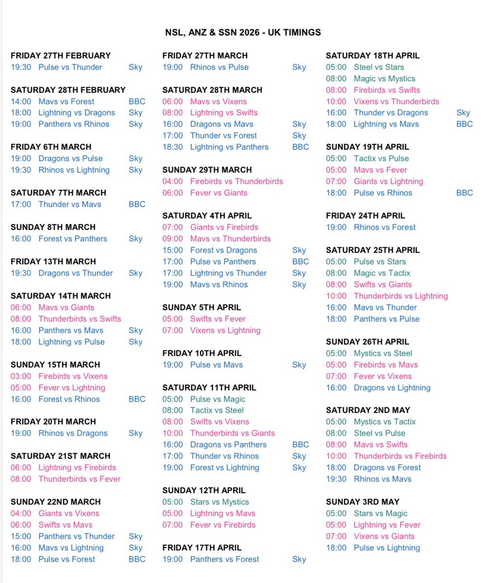 izzynetball's tweet photo. 🌟⏰ UK times for 2026 NSL, SSN &amp; ANZ netball ⏰🌟

ALL NSL games finally being streamed - get behind it! 🙌🏼 SSN available on NetballPass &amp; assume ANZ will be too

(will update mid-way through the season when the broadcast details are announced for the rest of the NSL season) https://t.co/AQ4yoYruy1