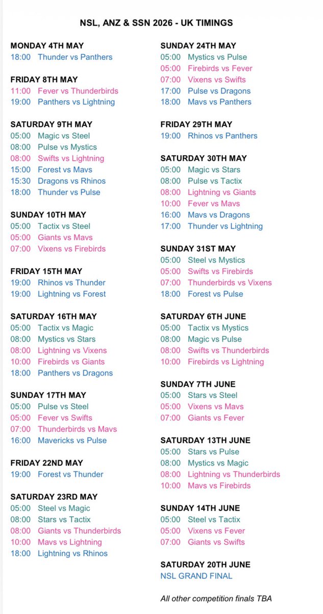 🌟⏰ UK times for 2026 NSL, SSN &amp; ANZ netball ⏰🌟

ALL NSL games finally being streamed - get behind it! 🙌🏼 SSN available on NetballPass &amp; assume ANZ will be too

(will update mid-way through the season when the broadcast details are announced for the rest of the NSL season)