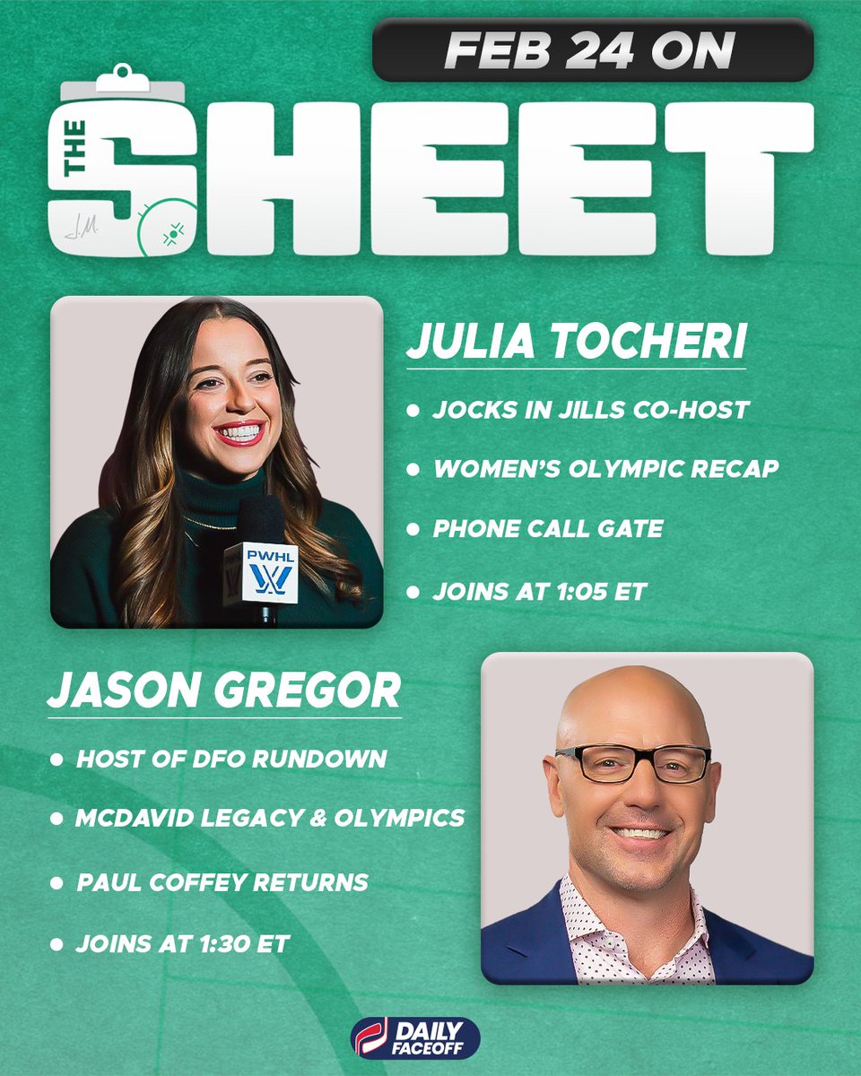 thesheethockey's tweet photo. Today on The Sheet...

@JeffMarek on the women’s tournament and phone call fallout with Julia Tocheri, plus Jason Gregor on McDavid's legacy and Paul Coffey back on the Oilers bench

⏰ 1:05 ET - @juliatocheri
⏰ 1:30 ET - @JasonGregor

📺 https://t.co/yGKD6xsjxT