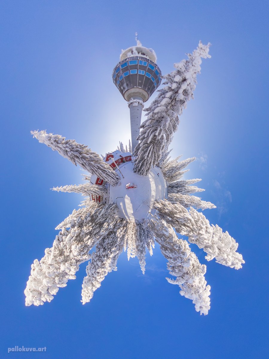 pallokuva's tweet photo. Puijo Tower in Kuopio, Finland 🇫🇮 also as 360° tiny planet views in a sunny winter day last week. #frostedtower #hellokuopio #puijopeak #360art #qoocam3ultra https://t.co/fZyVtSOE1N