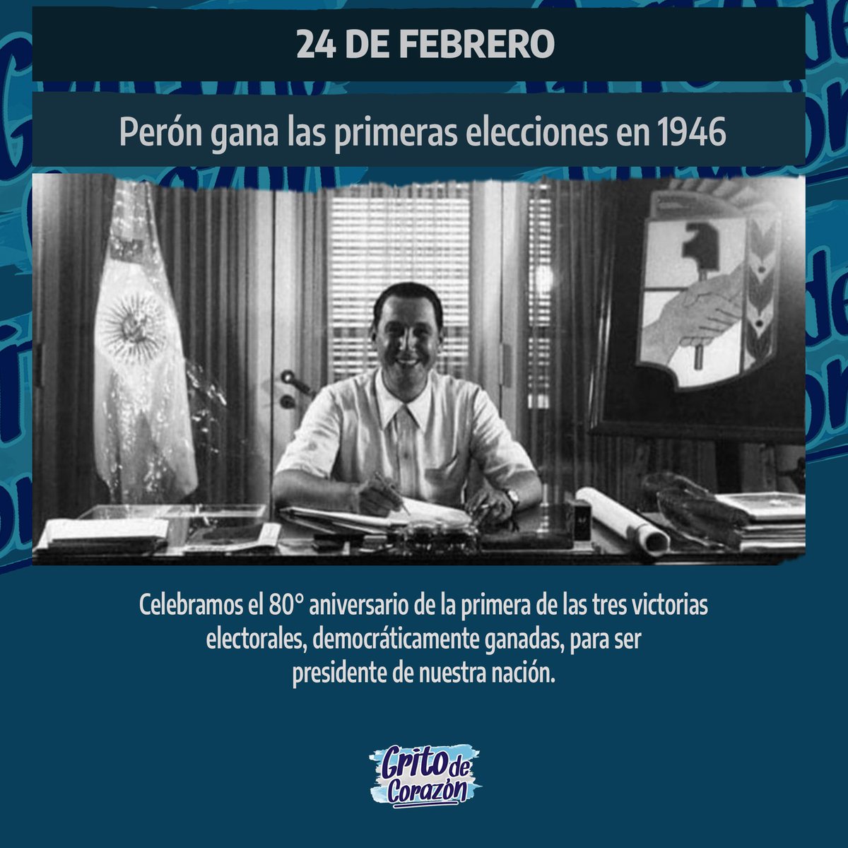 GritoPBAOK's tweet photo. 👉 Hace 80 años un gobierno era elegido para incluir y no para excluir; para establecer un modelo autónomo de desarrollo y no para imponerlo; para el bienestar del pueblo y no para destruir sus derechos. 

Y hoy, debemos mantener vigente su legado ✌️
#PerónVive 
#PerónEterno https://t.co/gukpTIwggY