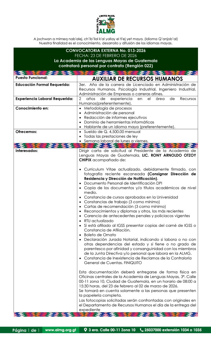 📣 Aplica al puesto de Auxiliar de Recursos Humanos para Sede Central de la ALMG, esta #convocatoria externa No.013-2026, permanecerá abierta del 24 de febrero al 2 de marzo del 2026. Agradeceremos su difusión. #RecursosHumanos #Linguistica #ALMG #IdiomasMayas