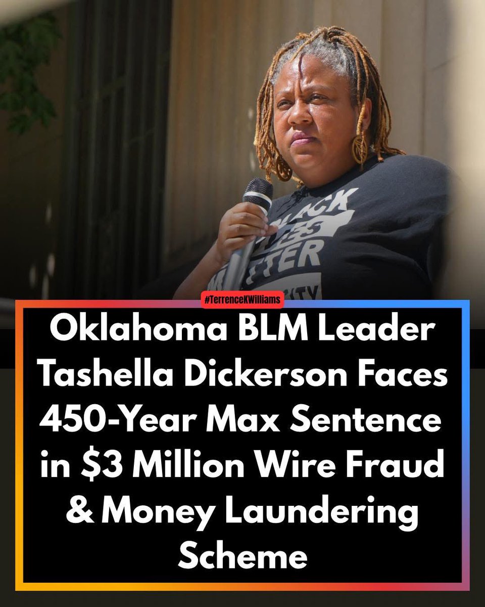 A prominent executive director of Black Lives Matter OKC, Tashella Sheri Amore Dickerson, has been federally indicted on 20 counts of wire fraud and 5 counts of money laundering — facing a potential maximum of up to 450 years in prison if convicted on all charges.

Prosecutors