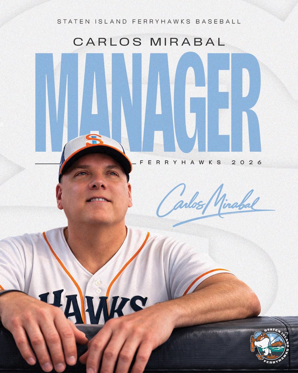 FerryHawks's tweet photo. We’re proud to announce Carlos Mirabal as the new Manager of your FerryHawks for our 5th Anniversary Season!
With elite international experience at @baseballunited and Atlantic League roots, Staten Island it’s #timetosoar! https://t.co/ba5TO69VNk