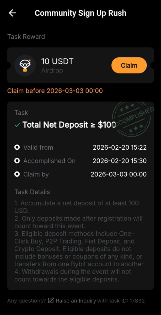 ArslanCh1122's tweet photo. I completed the bybit task and made a $100+ net deposit, but when I tried to claim the reward it showed Reward Out of Stock and said it was FCFS.
The issue is FCFS was never mentioned in the task details. If rewards were limited why wasn’t it clearly stated?

 #bybitscam #scam https://t.co/CzGyx18usi