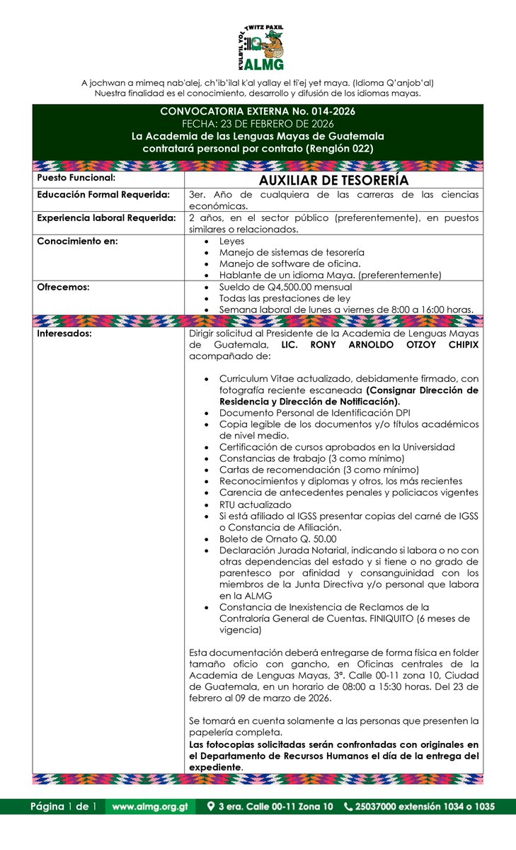 📣 Aplica al puesto de Auxiliar de Tesorería para Sede Central de la ALMG, esta #convocatoria externa No.014-2026, permanecerá abierta del 24 de febrero al 2 de marzo del 2026. Agradeceremos su difusión. #Tesoreria #Linguistica #ALMG #IdiomasMayas almg.org.gt/trabajo/auxili…