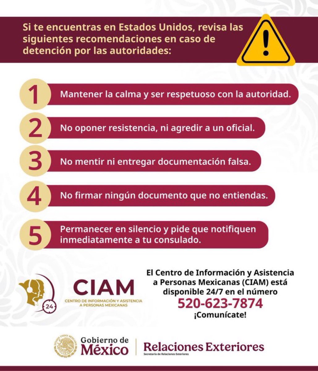 ConsulMexCal's tweet photo. Atención comunidad 🇲🇽 del #ValleImperial
Ante una detención, recuerda:
➡️Mantener la calma y ser respetuos@
➡️No oponer resistencia ni agredir oficiales
➡️No firmar 📑 que no comprendas
Contacta de inmediato a tu @ConsulMexCal:760 455-2140 o 24/7 #CIAM: 520 623-7874
#NoEstánSolos https://t.co/7i984bwVJ1